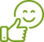 Symbole vert pixelisé d'un pouce levé et d'un visage souriant, représentant la satisfaction et l'approbation.