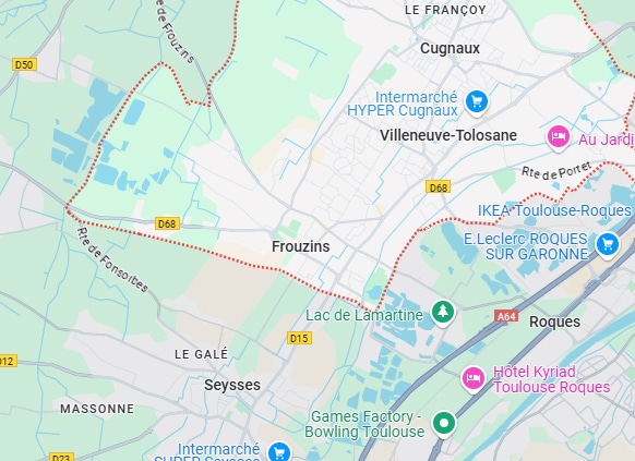Carte routière de Frouzins et ses environs, montrant les villes de Villeneuve-Tolosane, Cugnaux, Roques, Seysses, la D68 et la A64.