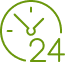 Icône de service 24h/24 : une horloge verte stylisée avec les aiguilles pointant vers le haut et le chiffre '24' en bas du cadran.