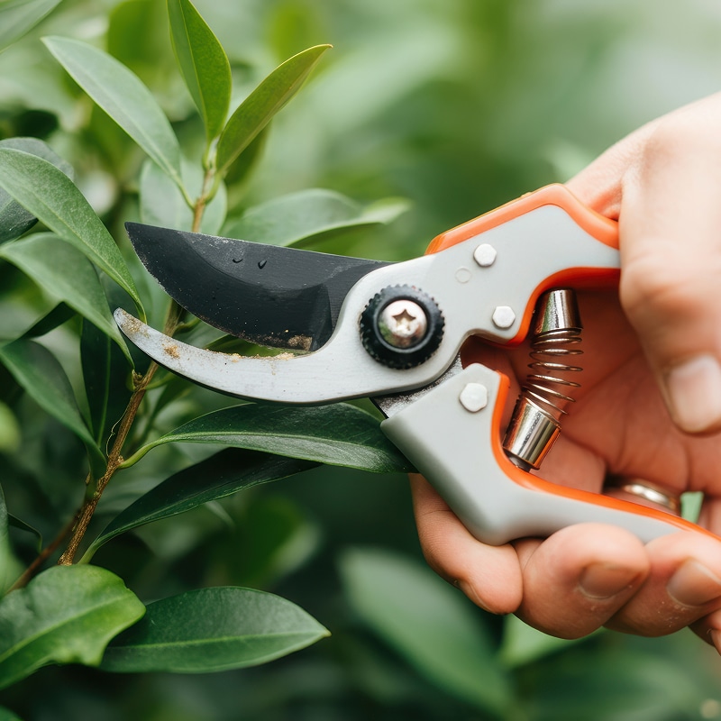 Une main tenant un sécateur gris et orange avec une lame usée, taillant une branche de plante aux feuilles vertes luxuriantes.