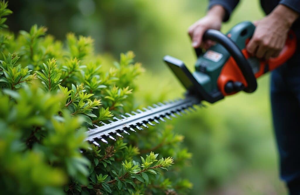Mains taillant une haie verte luxuriante avec un taille-haie. Entretien précis de jardin au printemps.
